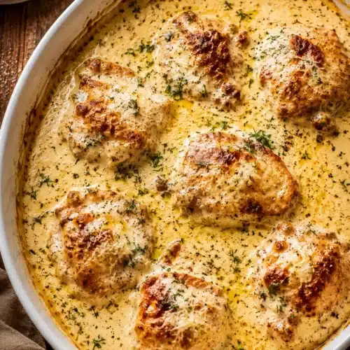 Creamy oven baked chicken thighs in garlic Parmesan sauce with herbs