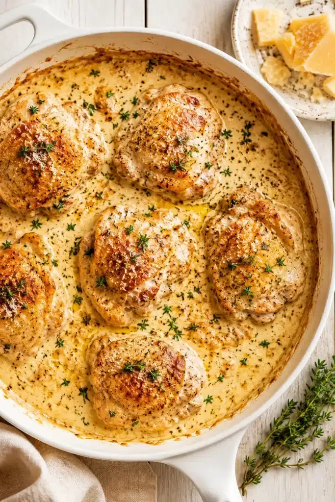 Creamy oven baked chicken thighs in garlic Parmesan sauce with herbs