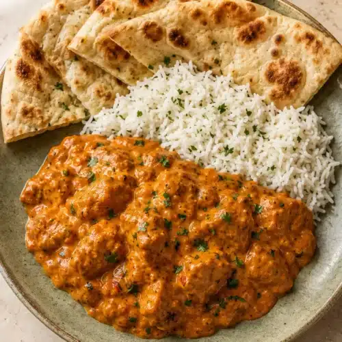 Easy Homemade Butter Chicken with rice and naan on a dinner plate