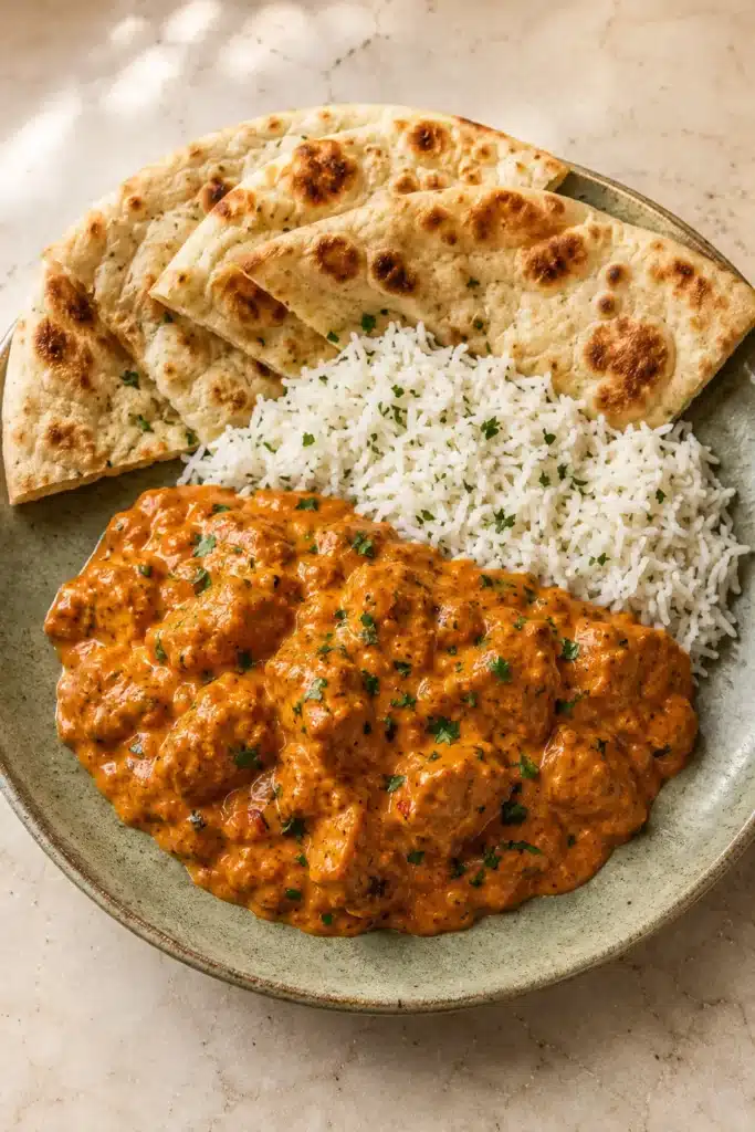 Easy Homemade Butter Chicken with rice and naan on a dinner plate