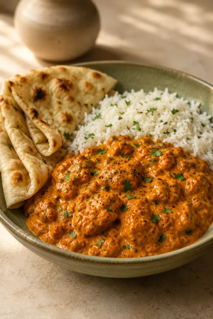 Easy Homemade Butter Chicken served with rice and naan bread