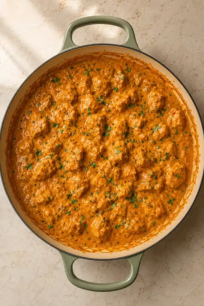 Easy Homemade Butter Chicken simmering in creamy sauce