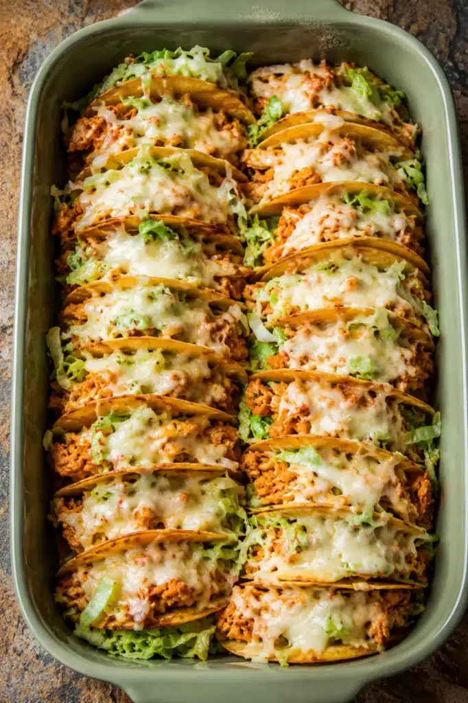 Easy Rotisserie Chicken Tacos with melted cheese and crispy corn tortillas in a baking dish