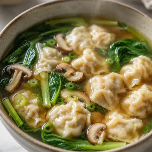 Easy wonton soup with dumplings, bok choy, and mushrooms in clear broth