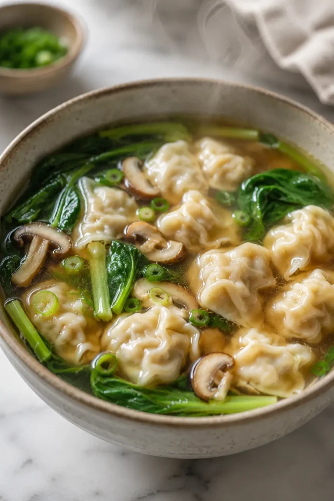 Easy wonton soup with dumplings, bok choy, and mushrooms in clear broth