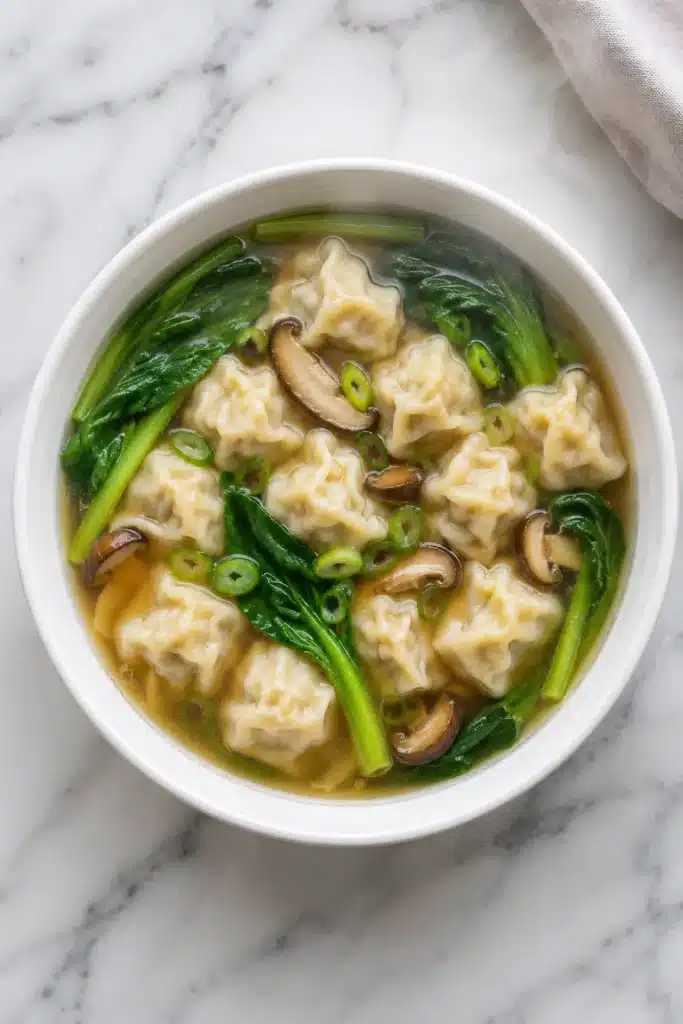 Easy wonton soup with dumplings, bok choy, and mushrooms in broth