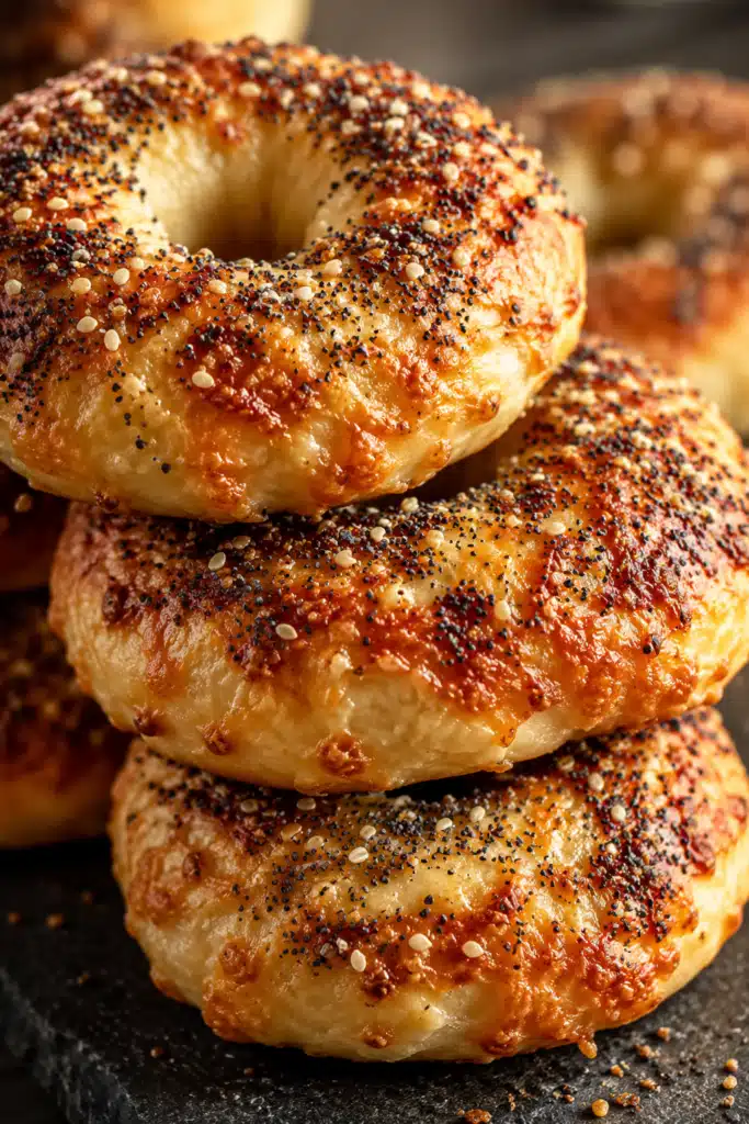 Fluffy Greek Yogurt Bagels with golden crust and everything seasoning
