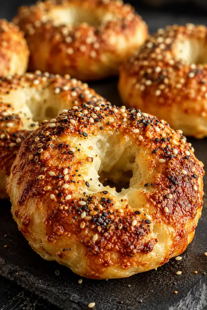 Fluffy Greek Yogurt Bagels with crispy golden crust and everything seasoning