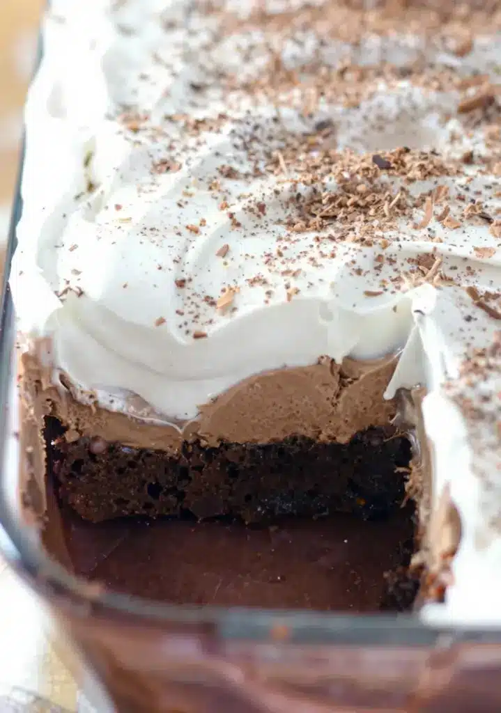 French Silk Brownies with fudgy base and creamy chocolate layers in baking dish