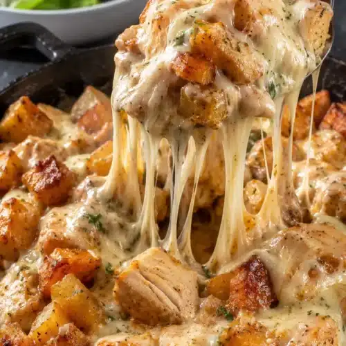 Garlic parmesan chicken and crispy potatoes with melted cheese in skillet