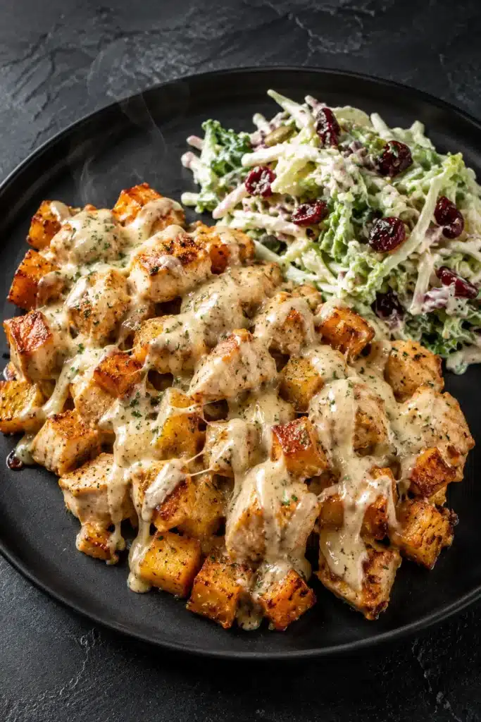 Garlic parmesan chicken and potatoes plated with coleslaw side