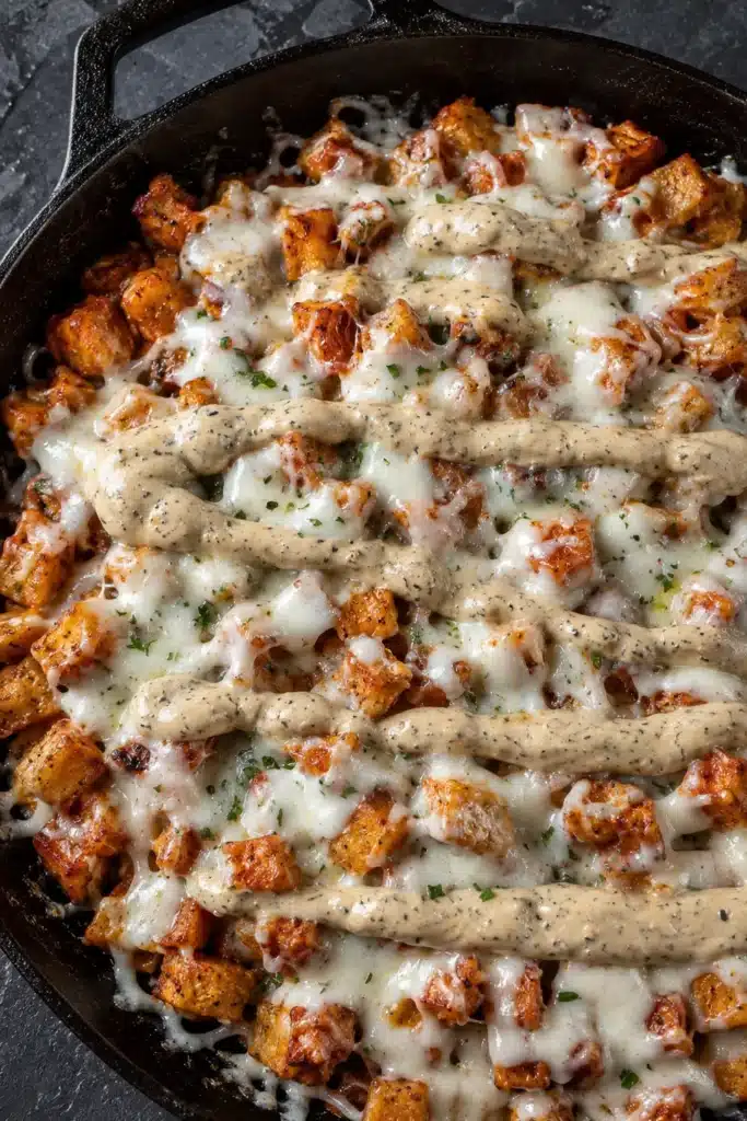 Garlic parmesan chicken and potatoes skillet with melted cheese