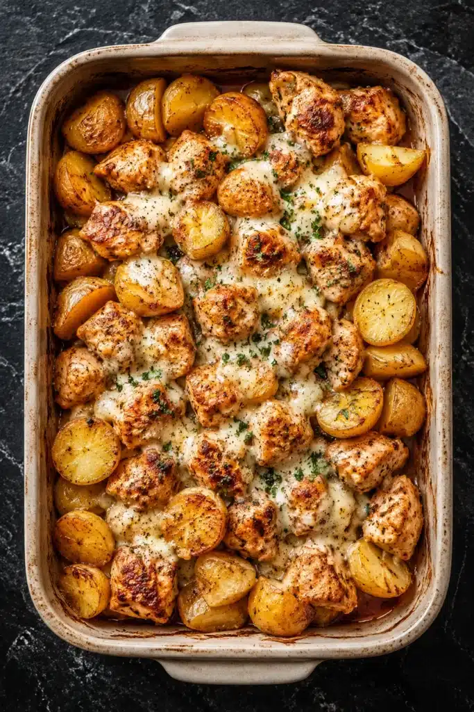 Garlic Parmesan chicken with crispy roasted potatoes and melted cheese