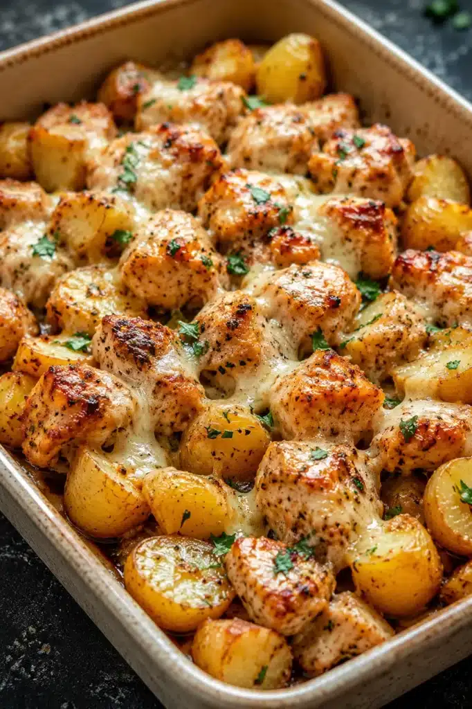 Garlic Parmesan Chicken and Potatoes with crispy chicken and roasted potatoes