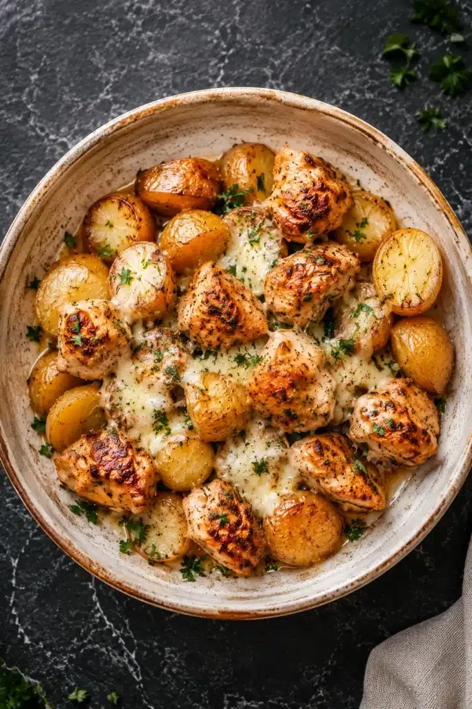 Garlic Parmesan Chicken and Potatoes with melted cheese and roasted potatoes
