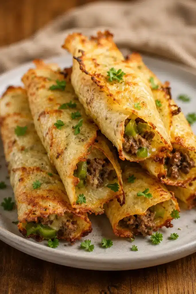 Keto Philly Cheesesteak Rolls stacked with crispy cheese wraps and beef filling