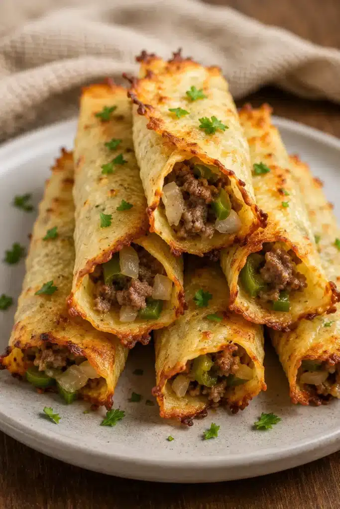 Keto Philly Cheesesteak Rolls stacked with crispy cheese wraps and beef filling