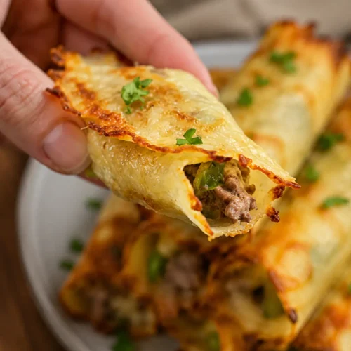 Keto Philly Cheesesteak Rolls with crispy cheese wrap and beef filling