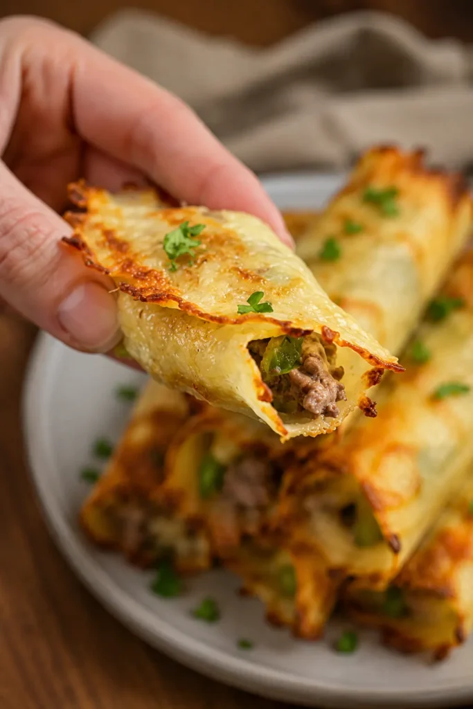 Keto Philly Cheesesteak Rolls with crispy cheese wrap and beef filling
