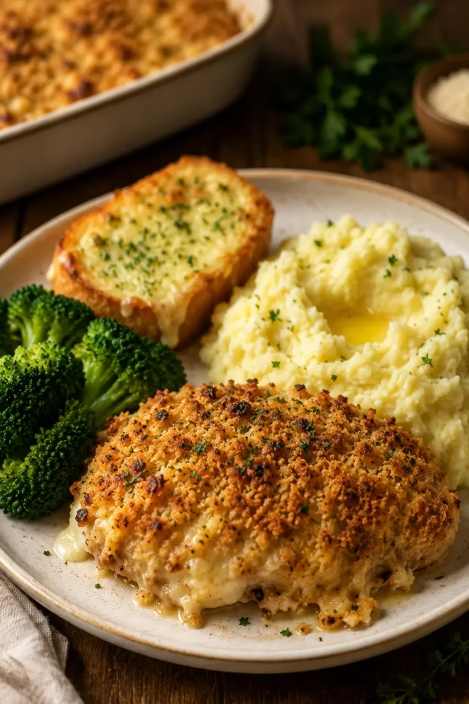 Longhorn Steakhouse Parmesan Chicken with mashed potatoes broccoli and garlic bread