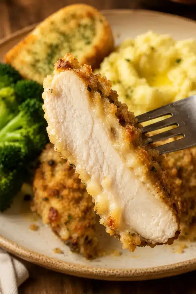 Longhorn Steakhouse Parmesan Chicken juicy slice on fork with crispy crust