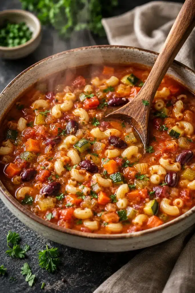 Hearty minestrone soup with pasta, beans, and vegetables in tomato broth