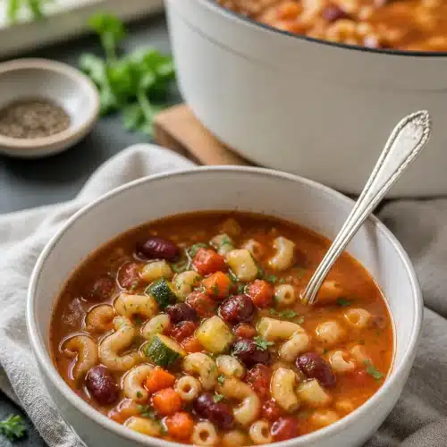 Minestrone Soup with pasta, beans, and vegetables in tomato broth