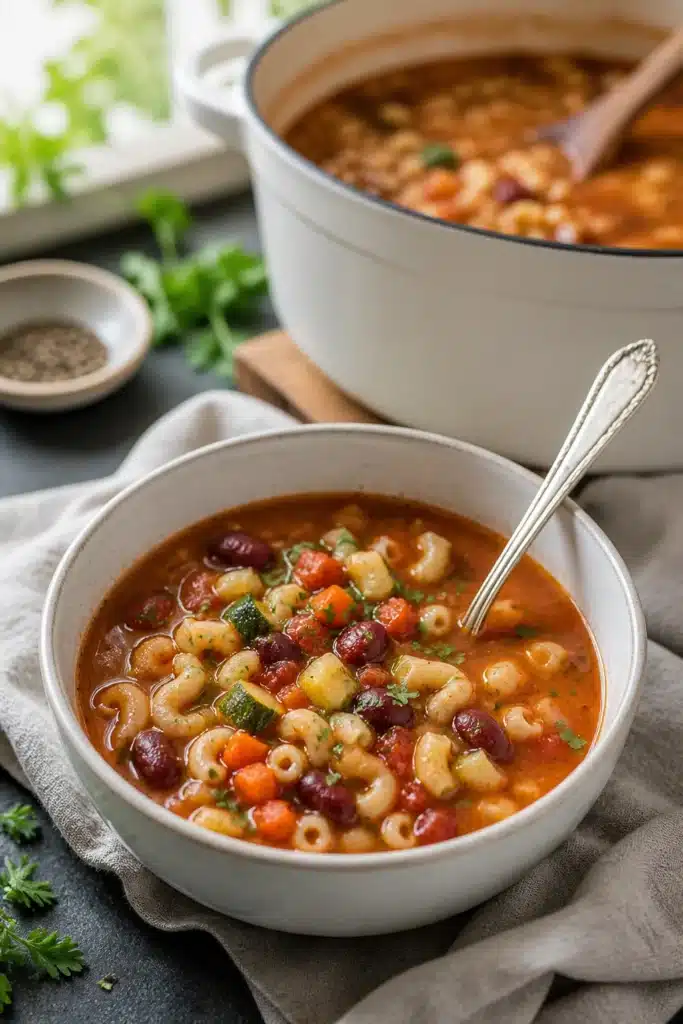 Minestrone Soup with pasta, beans, and vegetables in tomato broth