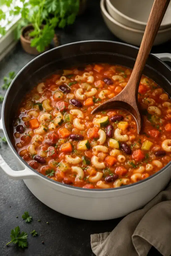 Minestrone Soup in pot with pasta beans and vegetables