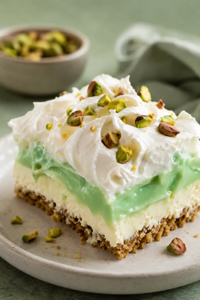 Creamy Pistachio Lush dessert slice with whipped topping and pistachios