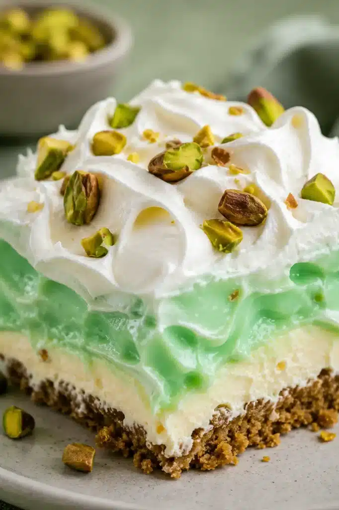 Close up Pistachio Lush with creamy layers and whipped topping