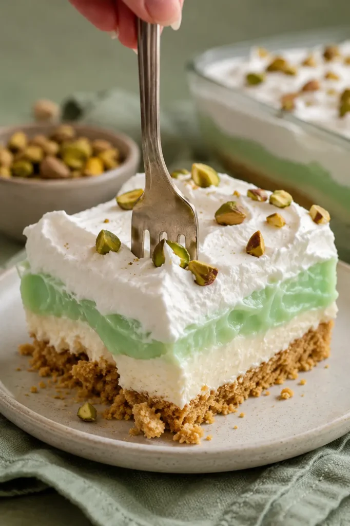 Pistachio Lush slice with creamy layers and pistachio topping