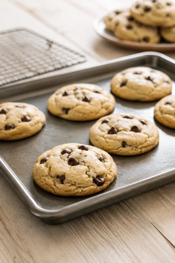 Soft chocolate chip cookies baking on tray with melted chocolate chips