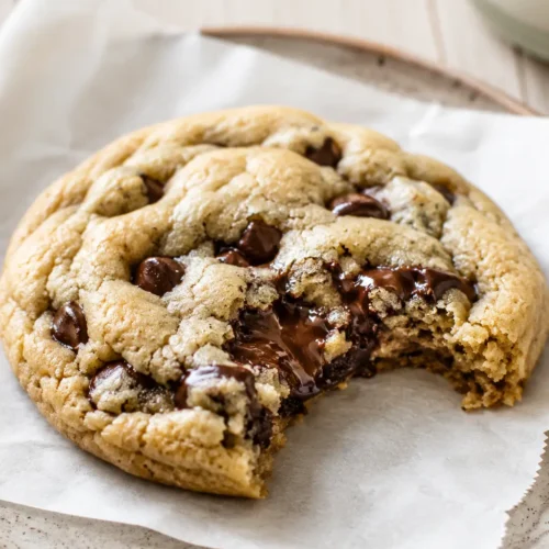 Soft chocolate chip cookies with gooey center and melted chocolate chips