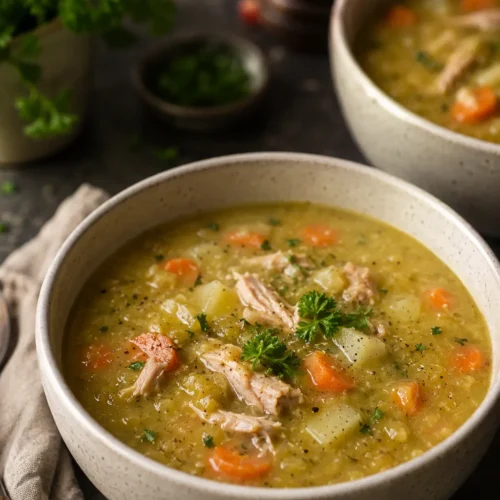 Split pea soup with chicken, potatoes, and carrots in a white bowl