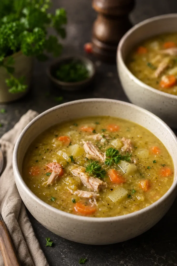 Split pea soup with chicken, potatoes, and carrots in a white bowl