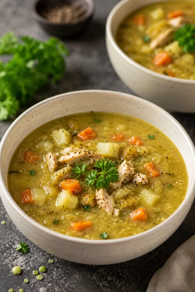 Split pea soup with chicken potatoes and carrots in a white bowl