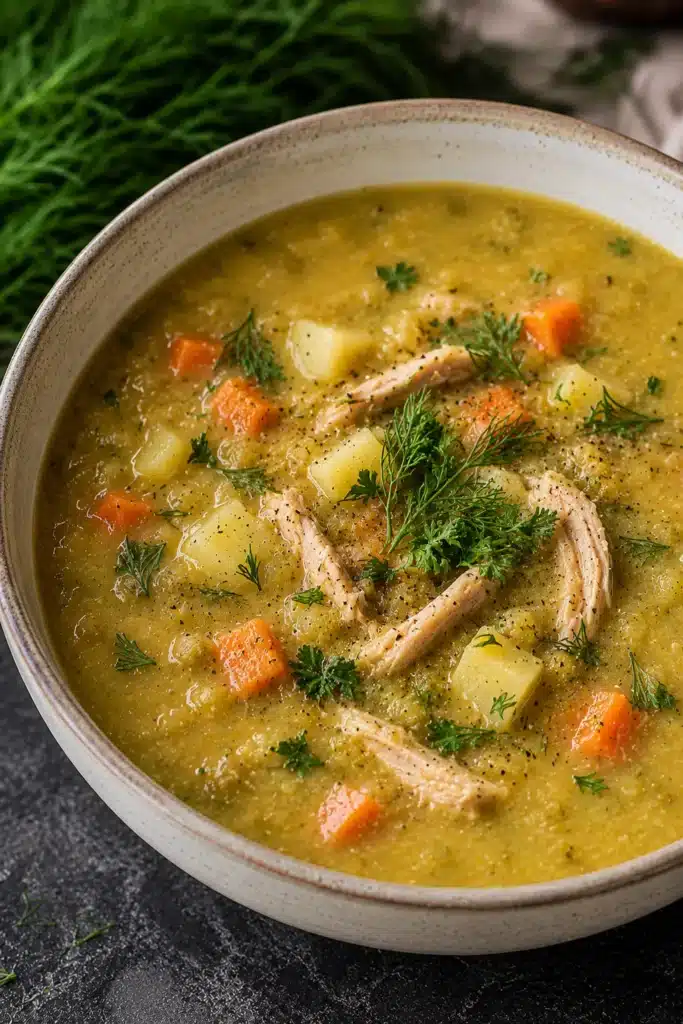 Creamy split pea soup with chicken, potatoes, and carrots in a bowl