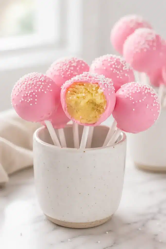 Pink Starbucks cake pops with sprinkles and soft cake center in close-up