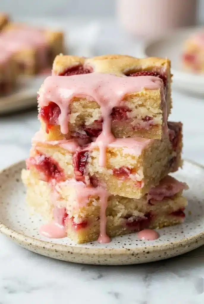 Strawberry lemon blondies with pink glaze and fresh strawberry chunks