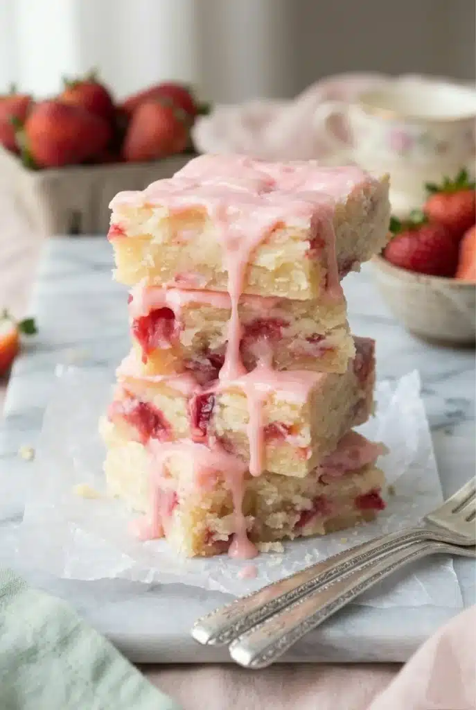Stacked strawberry lemon blondies with pink glaze and fresh fruit