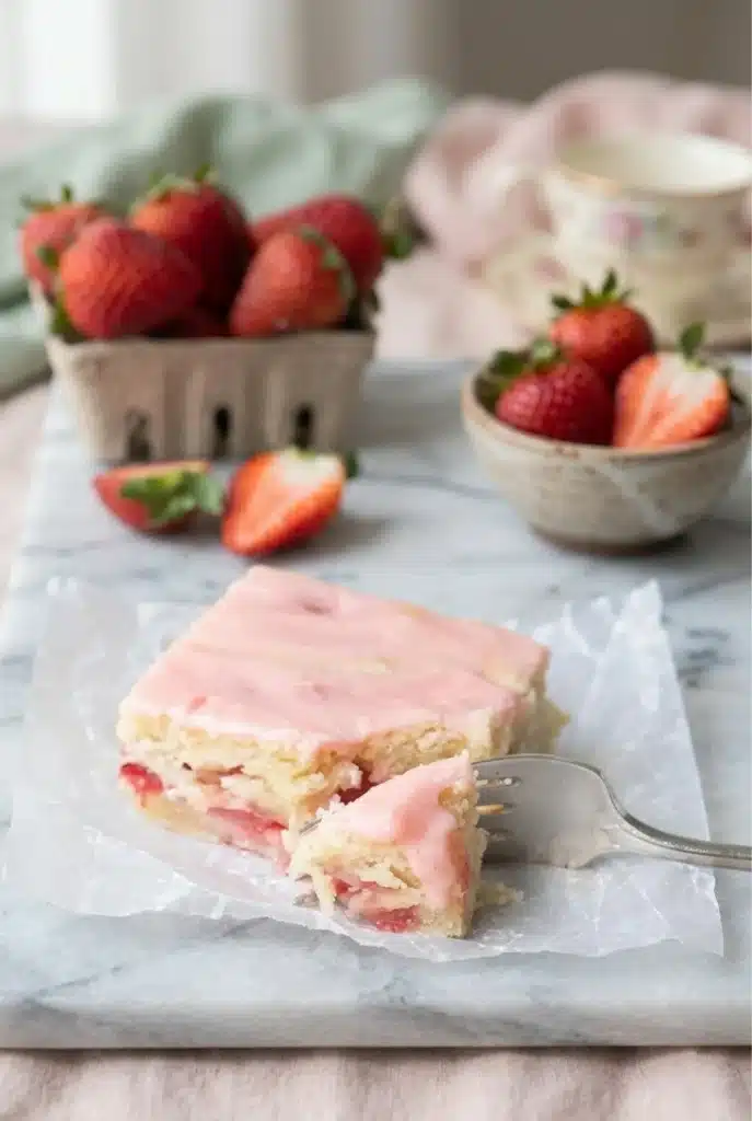 Strawberry lemon blondies with pink glaze and fresh strawberries
