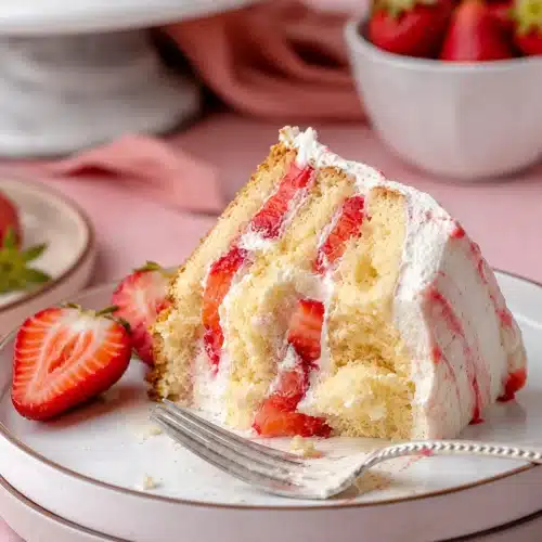 Slice of Strawberry Shortcake with fresh strawberries and whipped cream layers