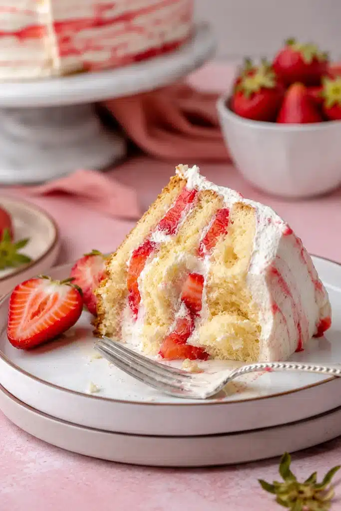 Slice of Strawberry Shortcake with fresh strawberries and whipped cream layers