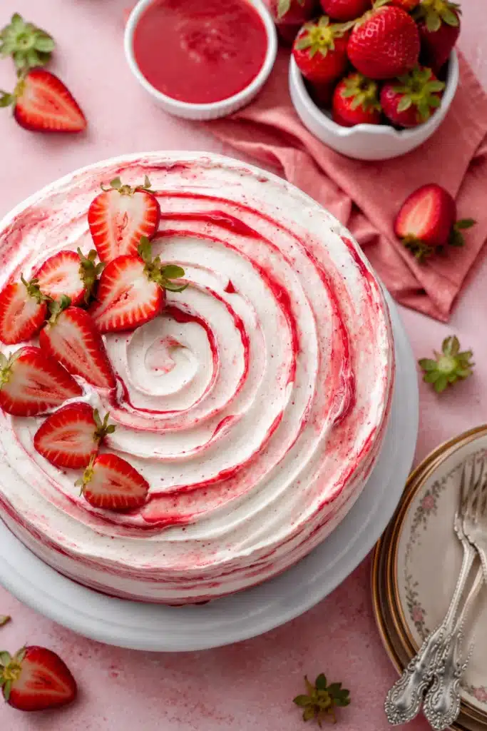 Strawberry Shortcake cake with whipped cream frosting and fresh strawberries