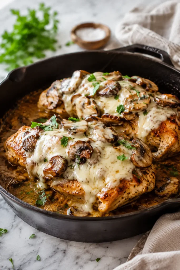 Texas Roadhouse smothered chicken with mushrooms and melted cheese in skillet