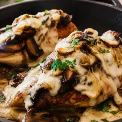 Texas Roadhouse Smothered Chicken with mushrooms and melted cheese close-up