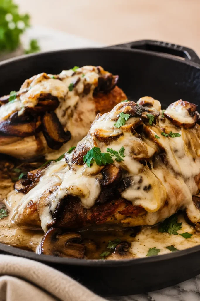 Texas Roadhouse Smothered Chicken with mushrooms and melted cheese close-up