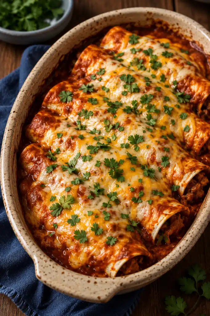 Cheesy ground beef enchiladas baked with red sauce and melted cheese in a casserole dish