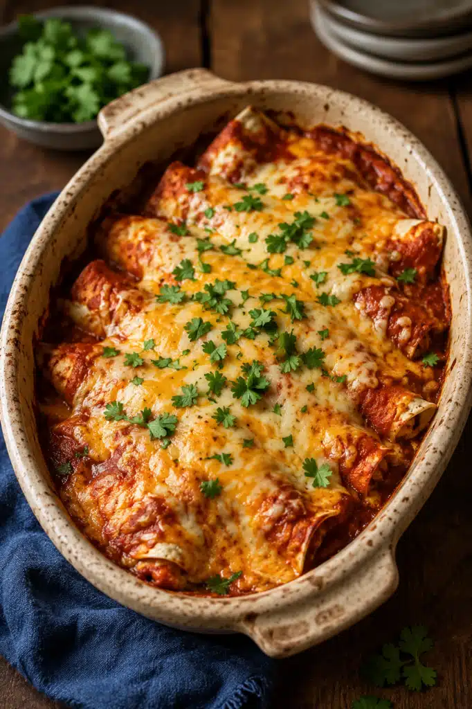 The Best Ground Beef Enchiladas with melted cheese and red sauce in baking dish
